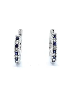 10K White Gold 0.20cttw Genuine Sapphire & 0.04cttw Diamond  Hoop Huggie Hinged Earrings