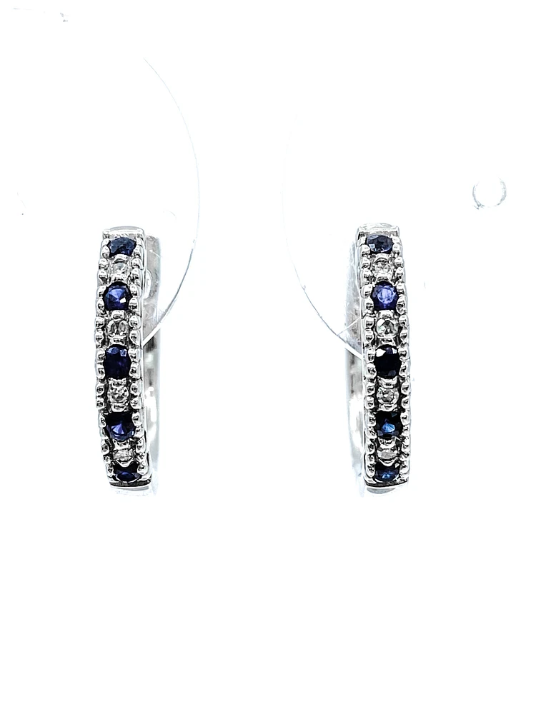 10K White Gold 0.20cttw Genuine Sapphire & 0.04cttw Diamond  Hoop Huggie Hinged Earrings