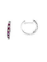 10K White Gold 0.20cttw Genuine Ruby and 0.04cttw Diamond Hoop Huggie Hinged Earrings