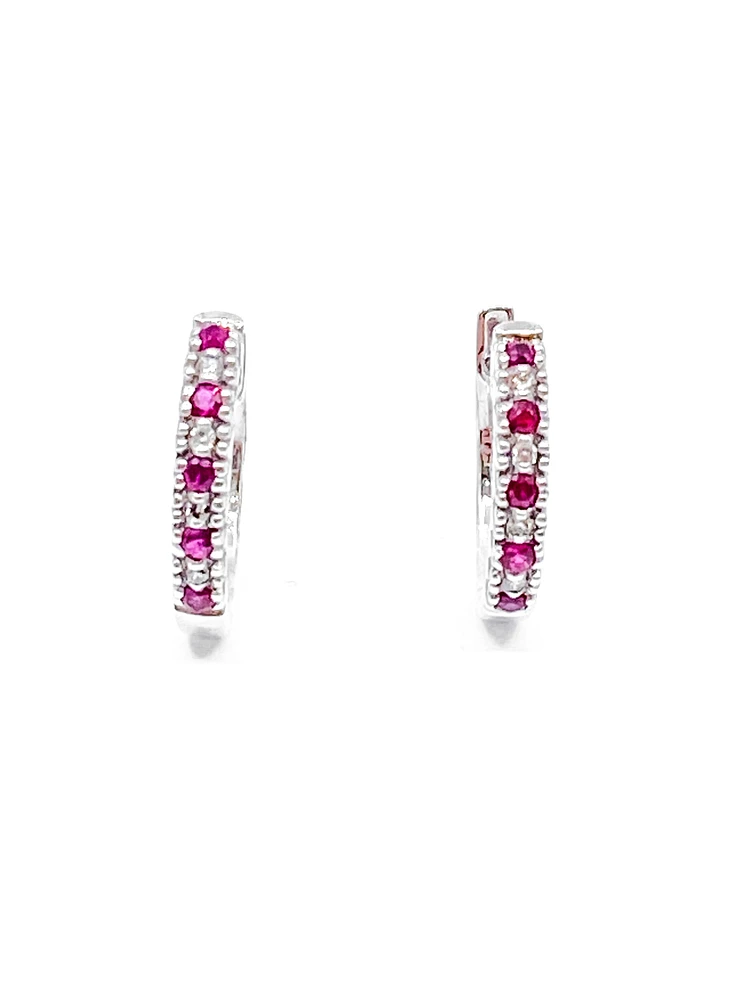 10K White Gold 0.20cttw Genuine Ruby and 0.04cttw Diamond Hoop Huggie Hinged Earrings