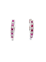 10K White Gold 0.20cttw Genuine Ruby and 0.04cttw Diamond Hoop Huggie Hinged Earrings