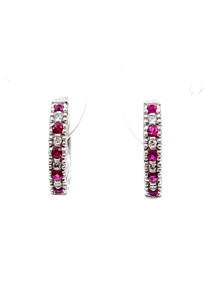 10K White Gold 0.20cttw Genuine Ruby and 0.04cttw Diamond Hoop Huggie Hinged Earrings