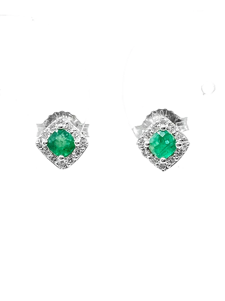 10K White Gold 0.30cttw Emerald & 0.12cttw Diamond Halo Stud Earrings
