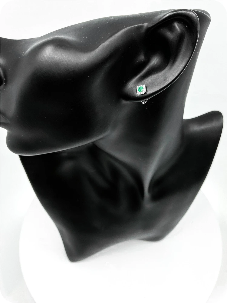 10K White Gold 0.30cttw Emerald & 0.12cttw Diamond Halo Stud Earrings