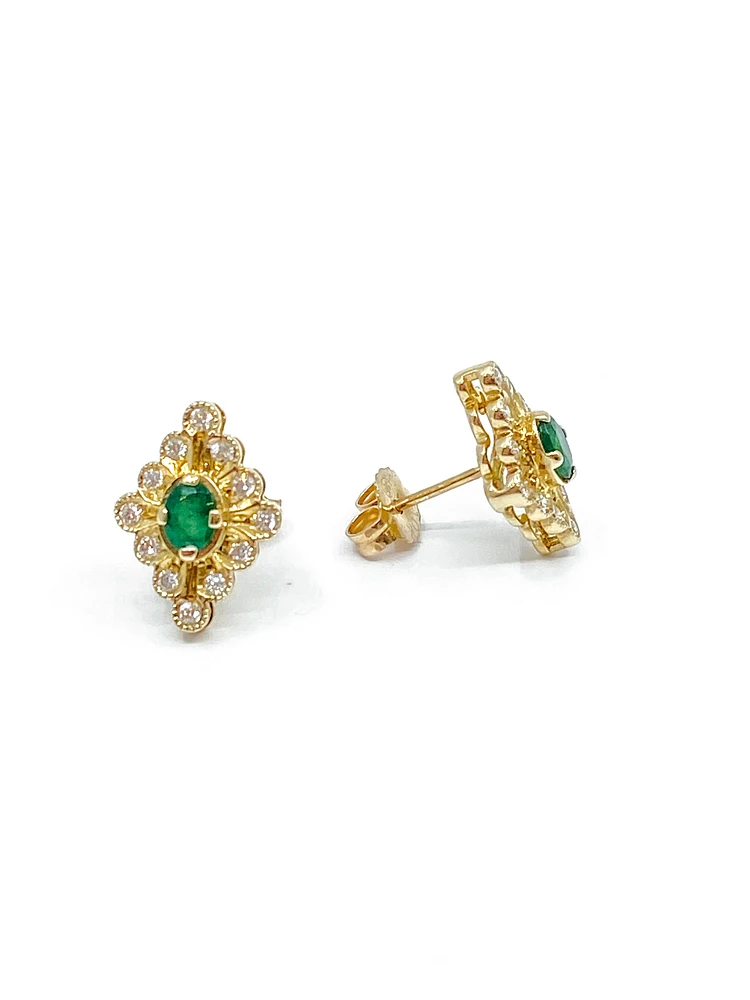 10K Yellow Gold 0.35cttw Emerald and 0.24cttw Diamond Halo Stud Earrings