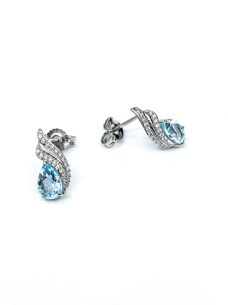 10K White Gold  Blue Topaz &  Diamond Stud Earrings