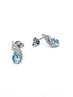 10K White Gold  Blue Topaz &  Diamond Stud Earrings