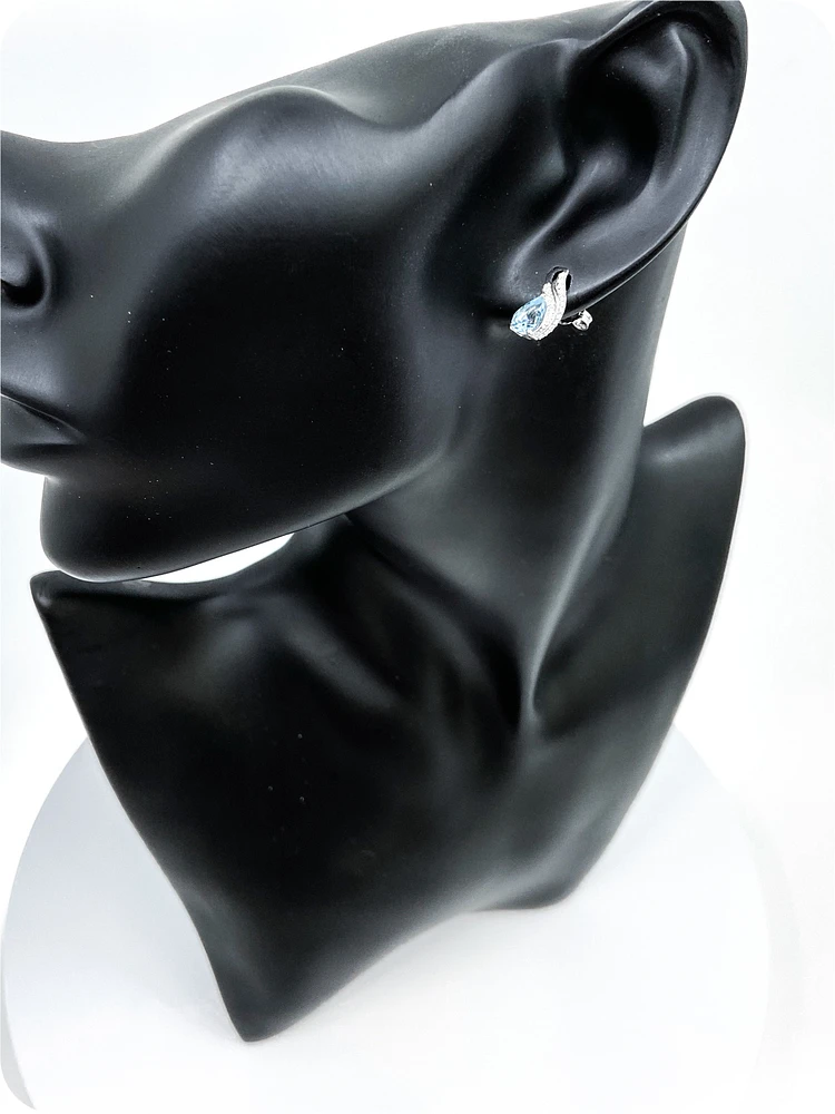 10K White Gold  Blue Topaz &  Diamond Stud Earrings
