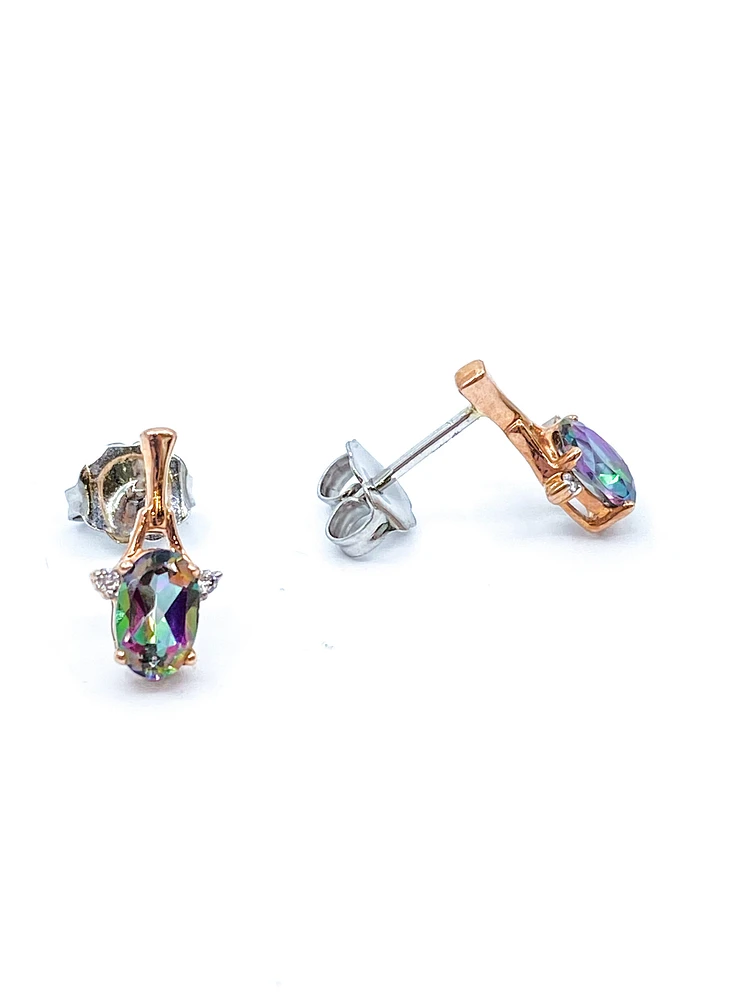 10K White & Rose Gold 1.20cttw Mystic Topaz and 0.02cttw Diamond Stud / Dangle / Drop Earring