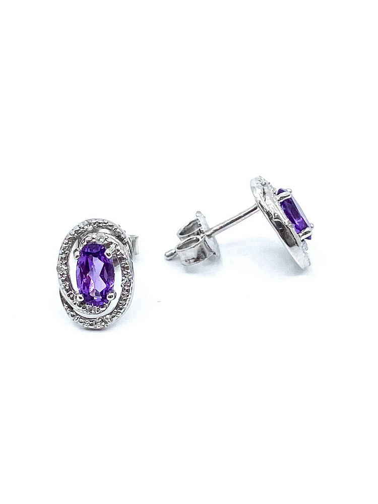 925 Sterling Silver Amethyst & Diamond Halo Stud Earrings