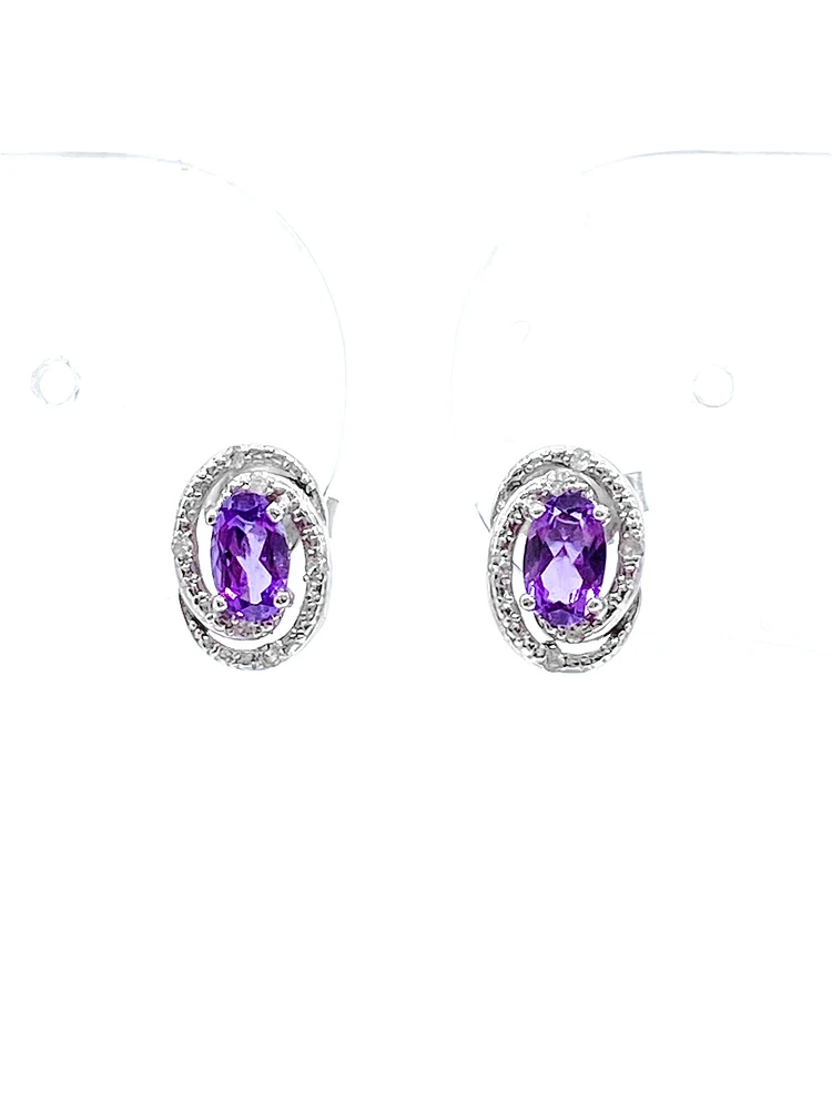 925 Sterling Silver Amethyst & Diamond Halo Stud Earrings