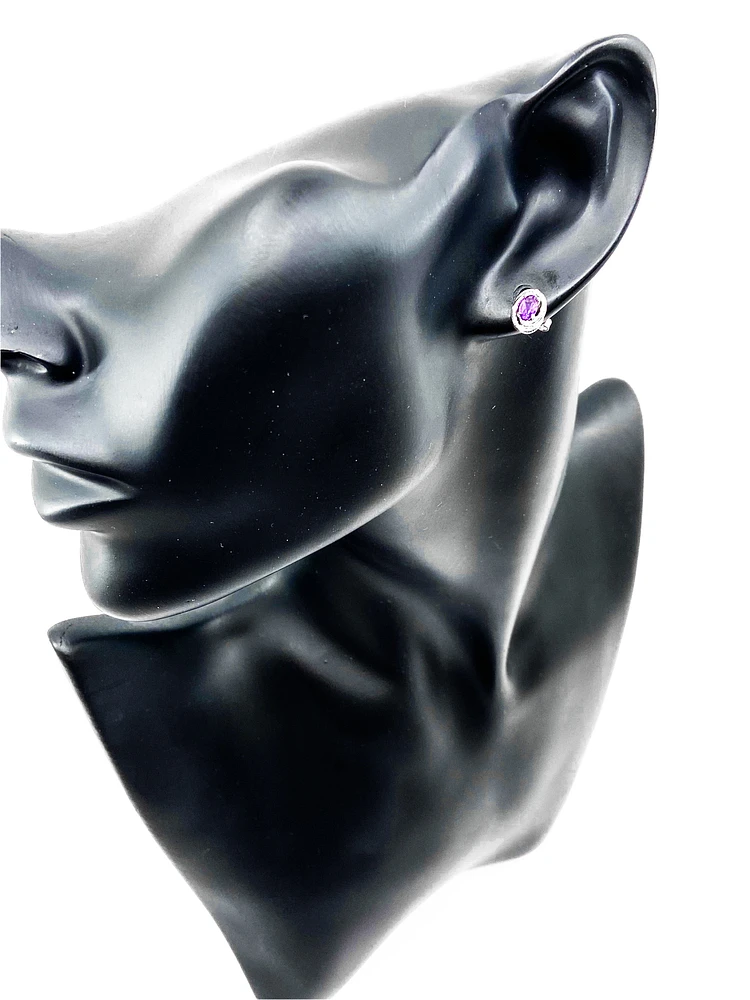 925 Sterling Silver Amethyst & Diamond Halo Stud Earrings