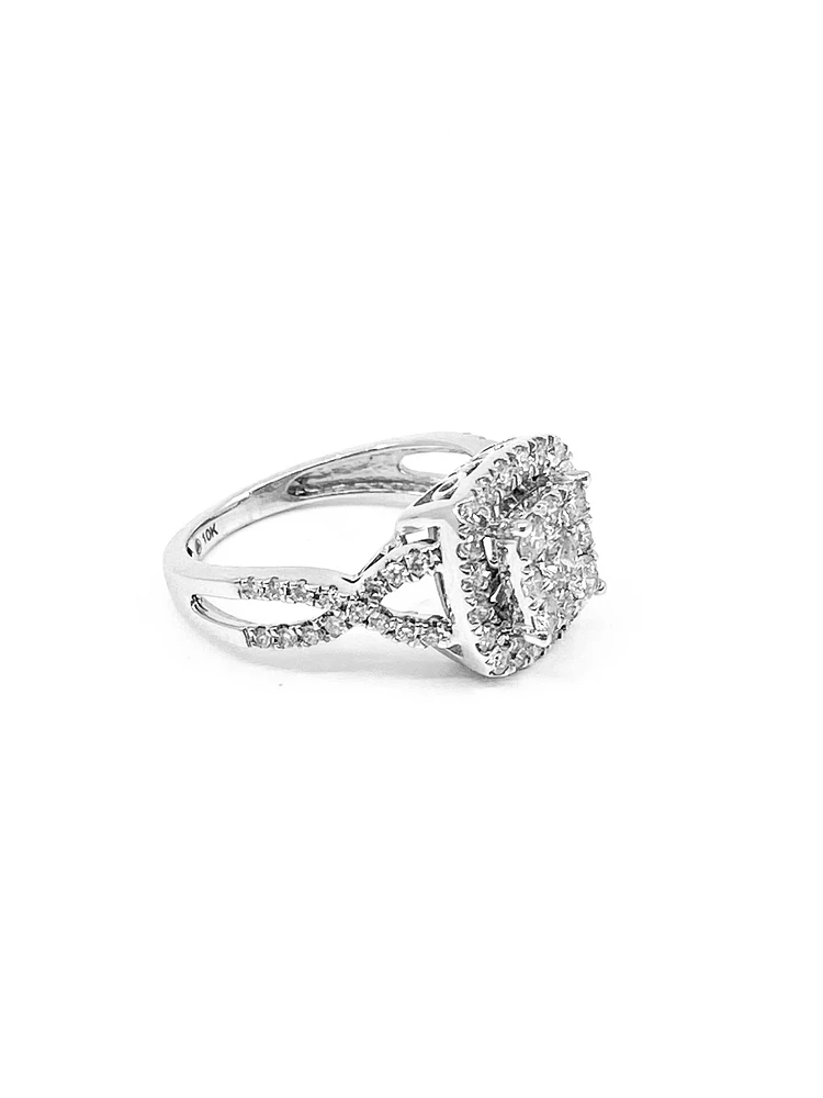 10K White Gold 1.00cttw Diamond Halo Engagement Ring, size 6.5