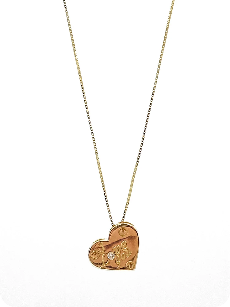 10K Yellow Gold 0.015cttw Diamond Heart "I Love You" Pendant, 18"