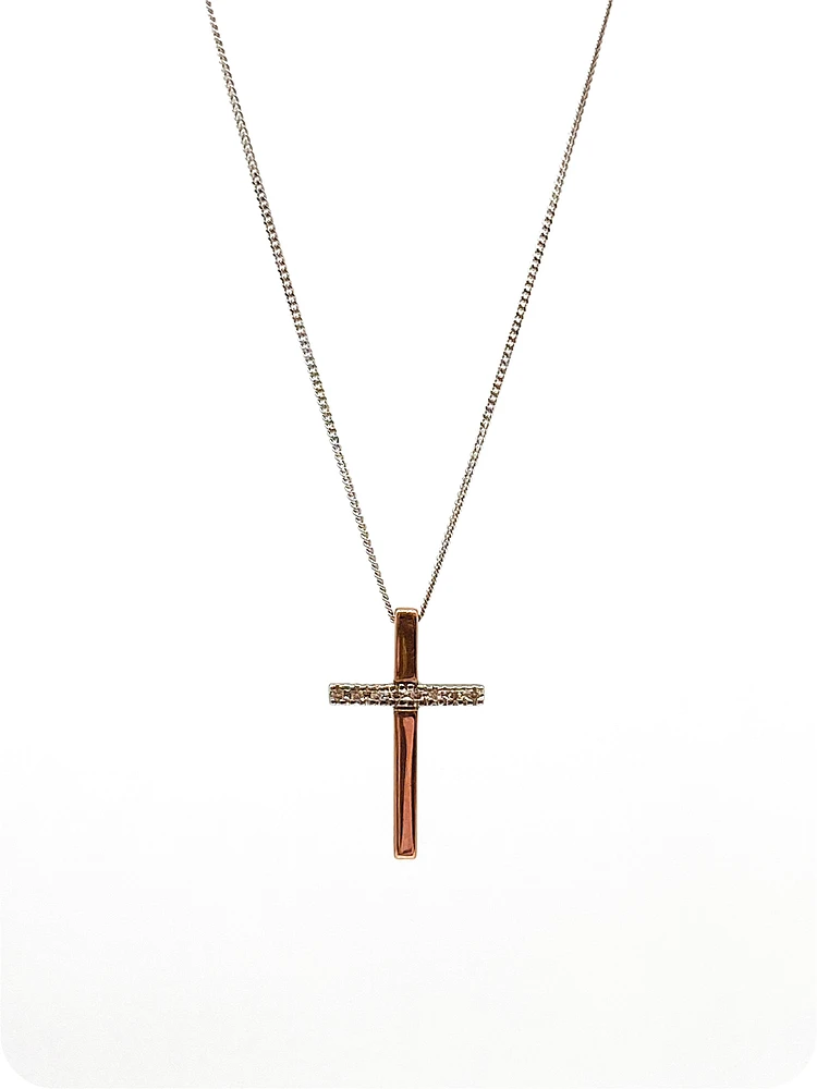 10K White & Rose Gold 0.02cttw Diamond Cross Pendant, 18"