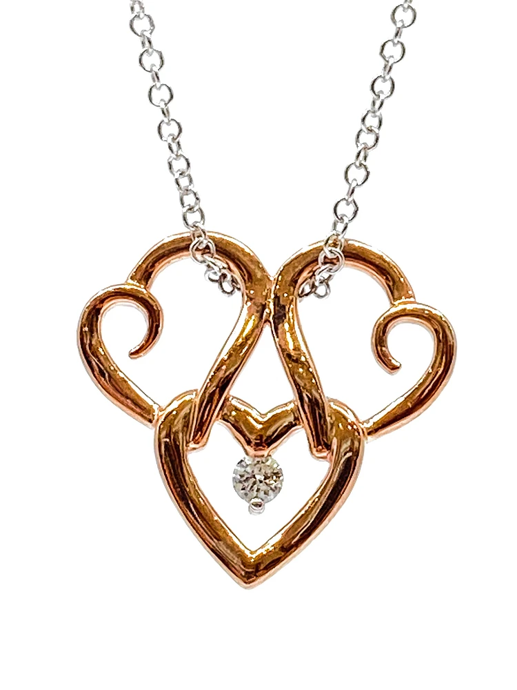 10K Rose & White 0.043cttw Canadian Diamond Triple Heart Pendant, 18"