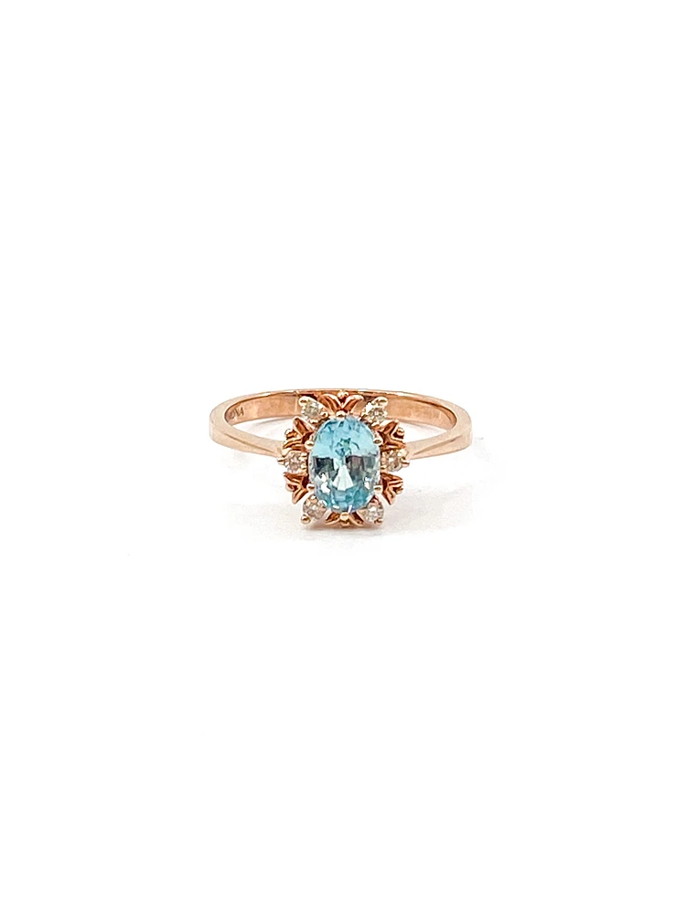 10K Rose Gold 1.20cttw Genuine Oval Cut Blue Zircon and 0.09cttw Diamond Halo Ring, size 7