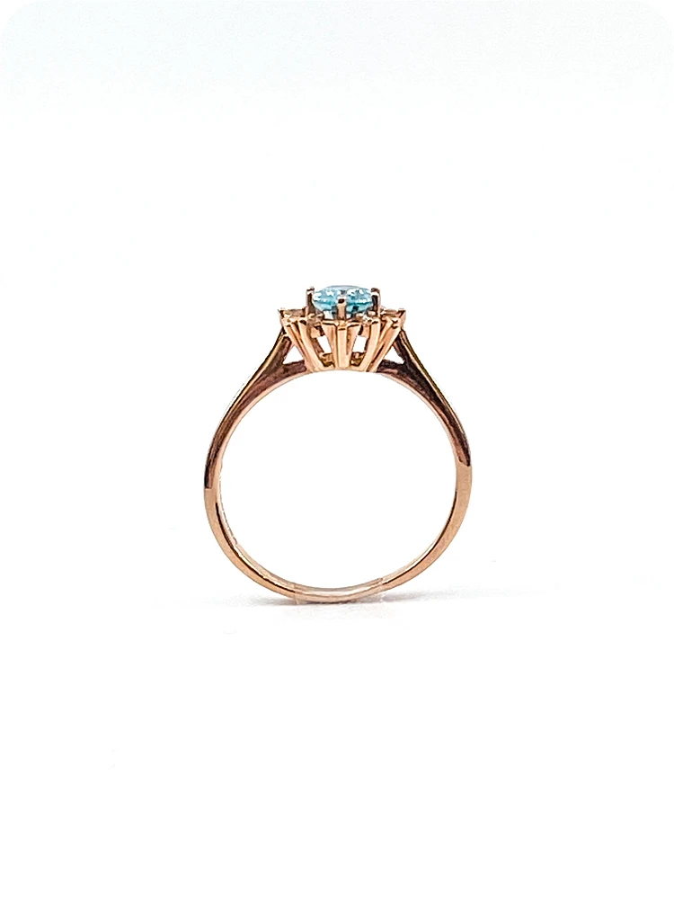 10K Rose Gold 1.20cttw Genuine Oval Cut Blue Zircon and 0.09cttw Diamond Halo Ring, size 7