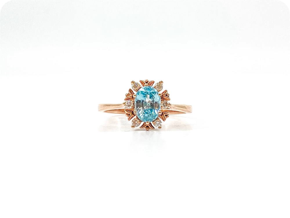 10K Rose Gold 1.20cttw Genuine Oval Cut Blue Zircon and 0.09cttw Diamond Halo Ring, size 7