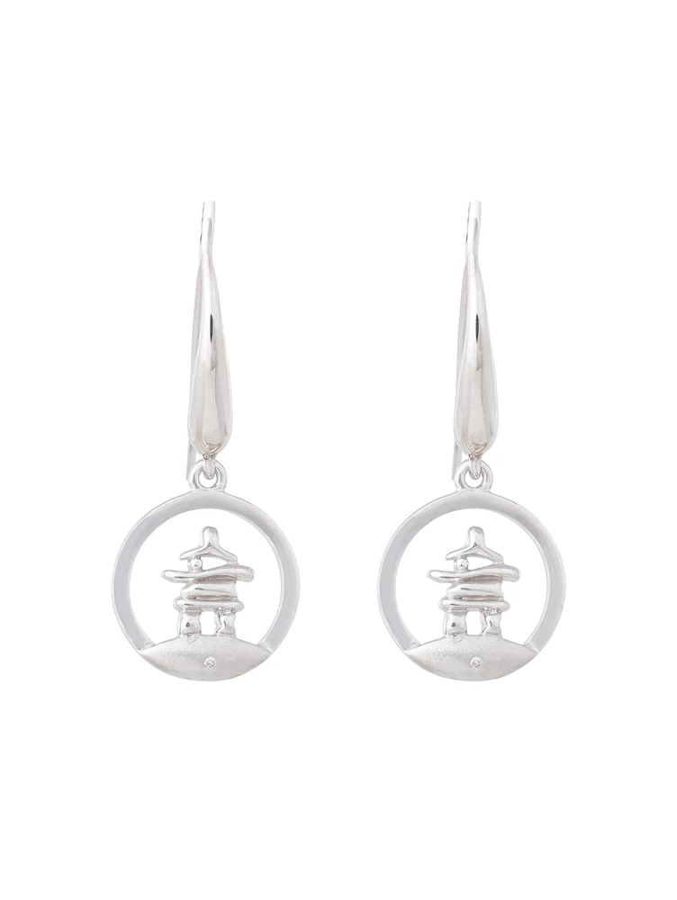 925 Sterling Silver 0.01cttw Canadian Diamond Inukshuk Dangle Earrings
