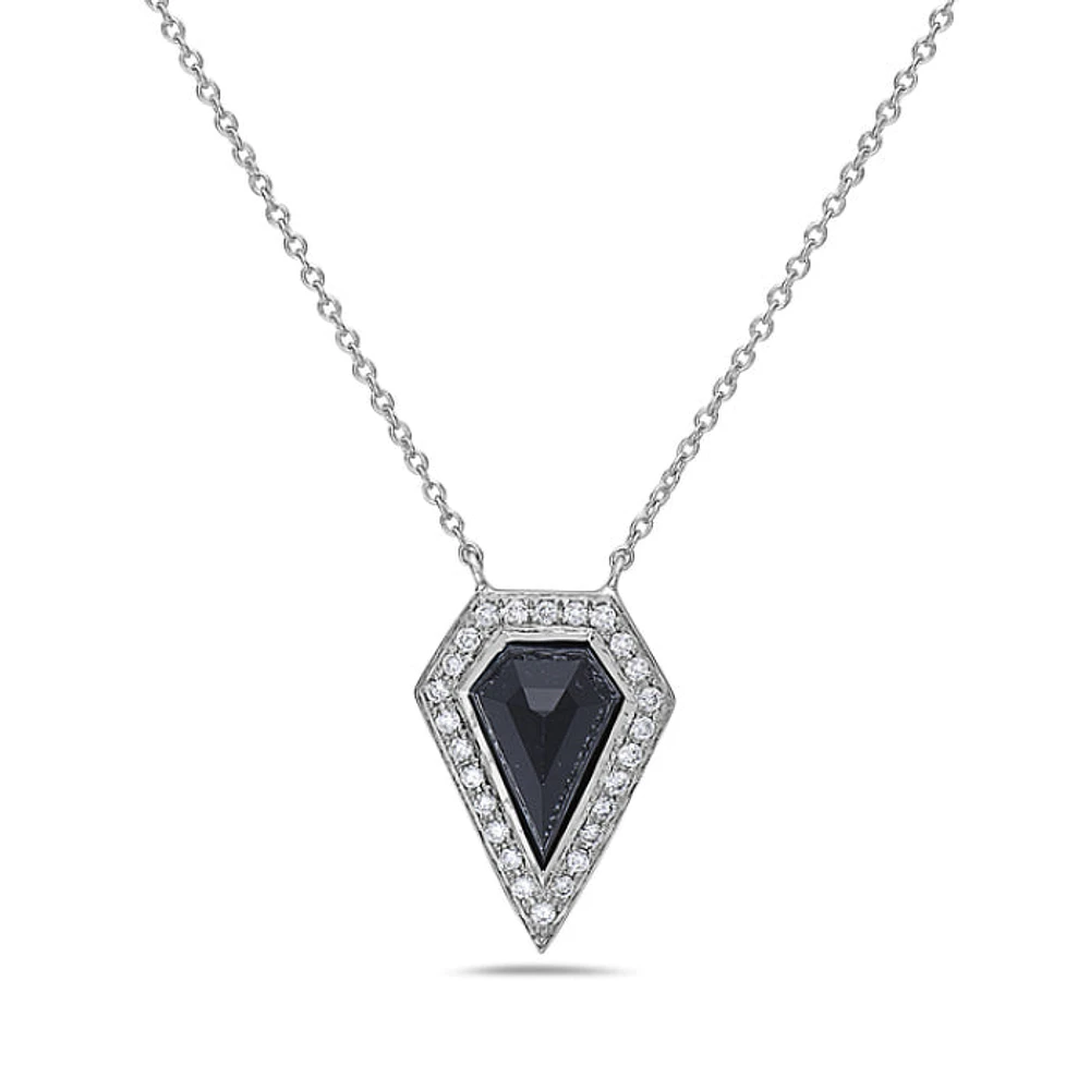 14K White Gold 0.78cttw Onyx and 0.10cttw Diamond Necklace - 18 Inches