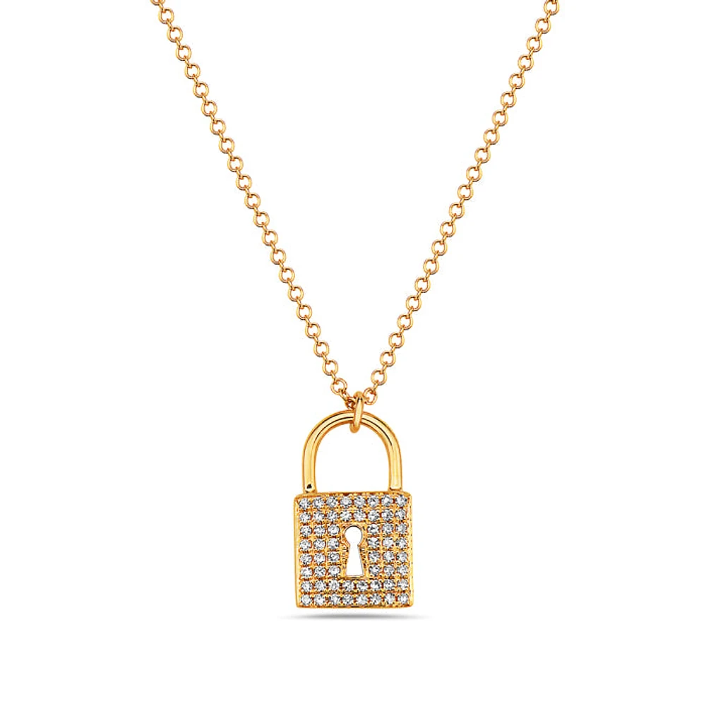 14K Yellow Gold 0.12cttw Diamond Lock Pendant, 18"