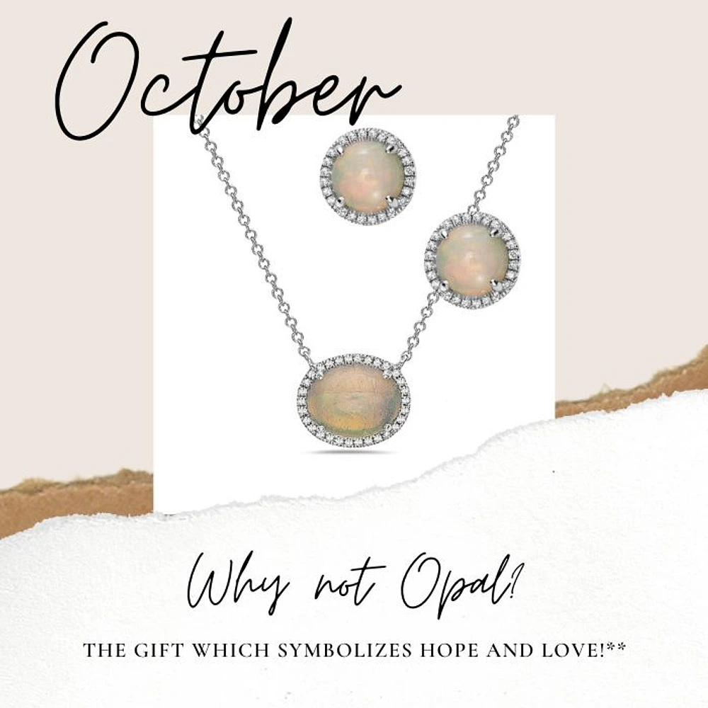 14K White Gold 1.02cttw Opal and 0.07cttw Diamond Halo Necklace, 18 Inches