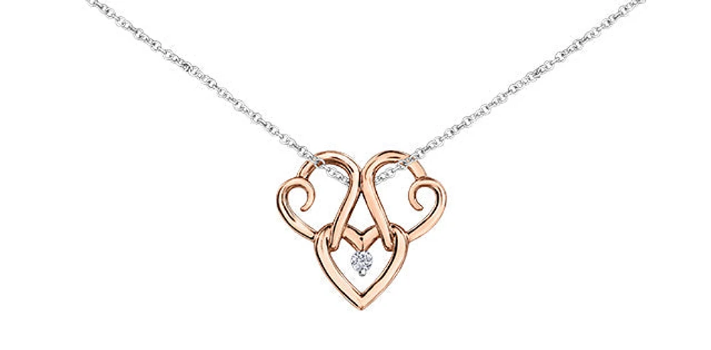 10K Rose & White 0.043cttw Canadian Diamond Triple Heart Pendant, 18"