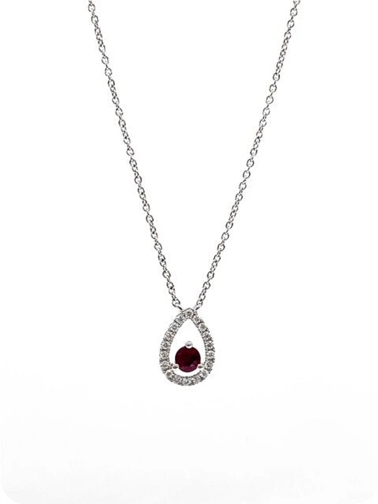 14K White Gold 0.23cttw Genuine Ruby with 0.13cttw Diamond Necklace - 16 Inches