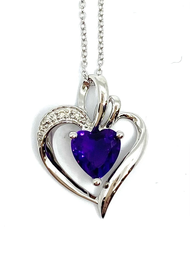 10K White Gold Genuine Amethyst and Diamond Pendant, 18"
