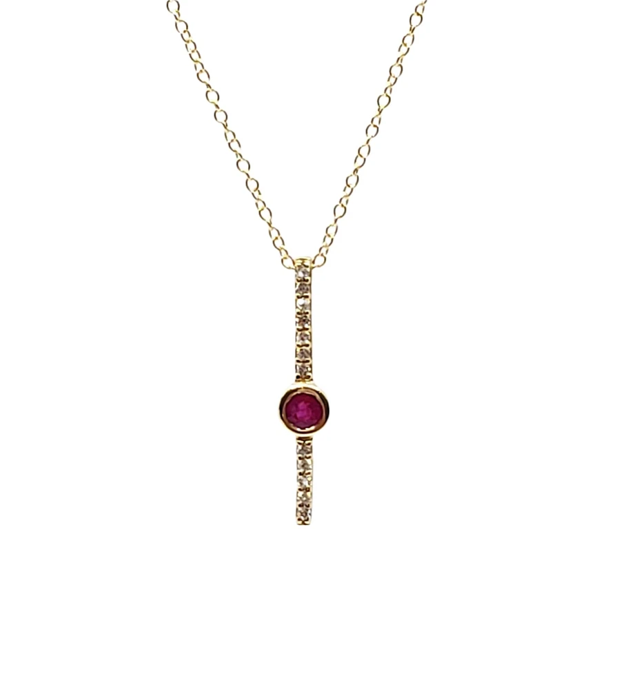 10K Yellow Gold 0.08cttw (2.5mm) Ruby and 0.05cttw Diamond Necklace with Cable Chain (Spring Clasp) - Adjustable 17 - 18 Inches