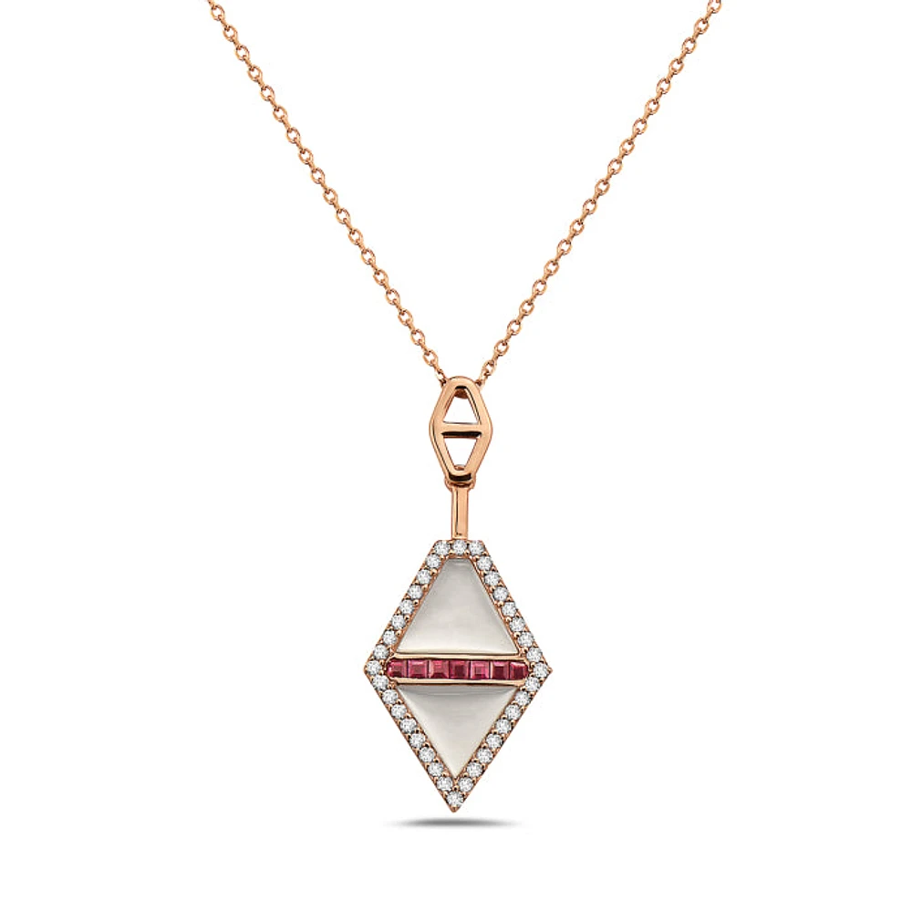 14K Rose Gold Ruby, Mother of Pearl and Diamond Necklace, 18"