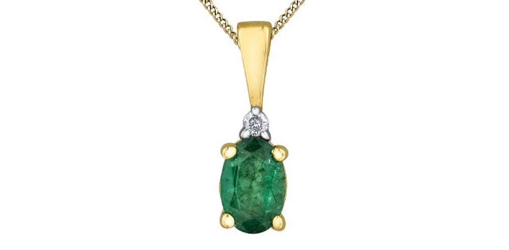 10K Yellow Gold Oval Cut Emerald and Diamond Pendant, 18"