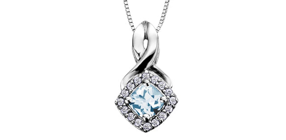 10K White Gold Aquamarine and Diamond Pendant, 18"