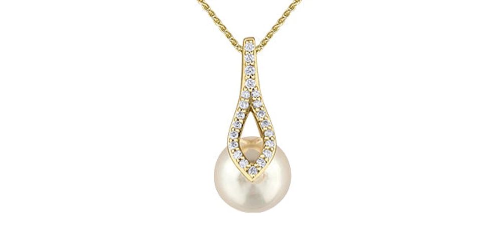 10K Yellow Gold Cultured Pearl and Diamond Necklace, 18"