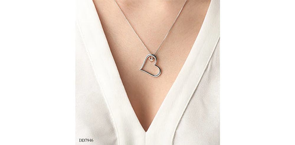 Sterling Silver & 10K Rose Gold 0.02cttw Diamond Double Heart Pendant, 18"