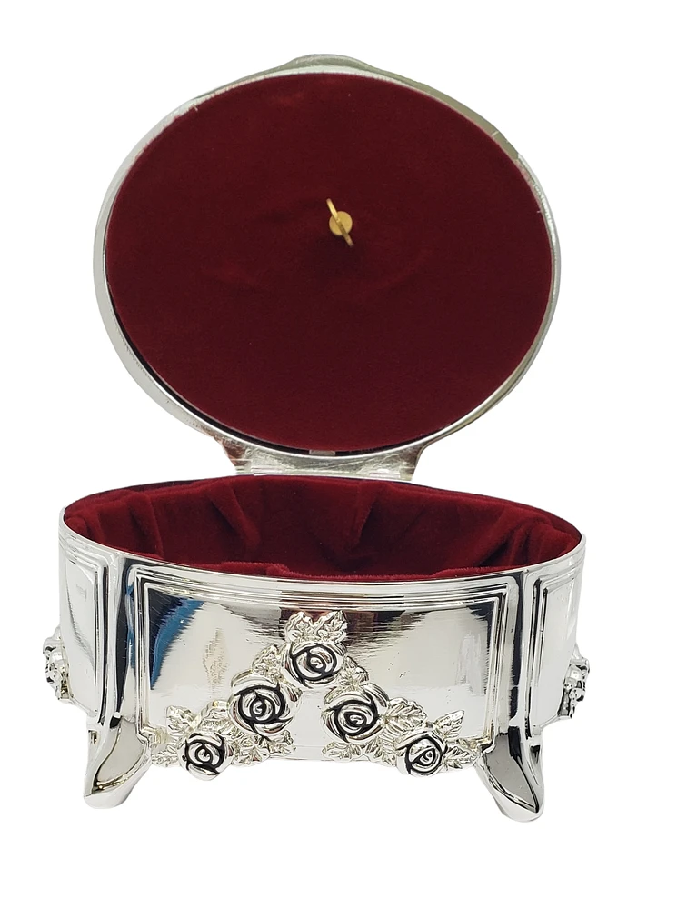 Silver Plated Oval with Roses Musical Trinket Box with Legs