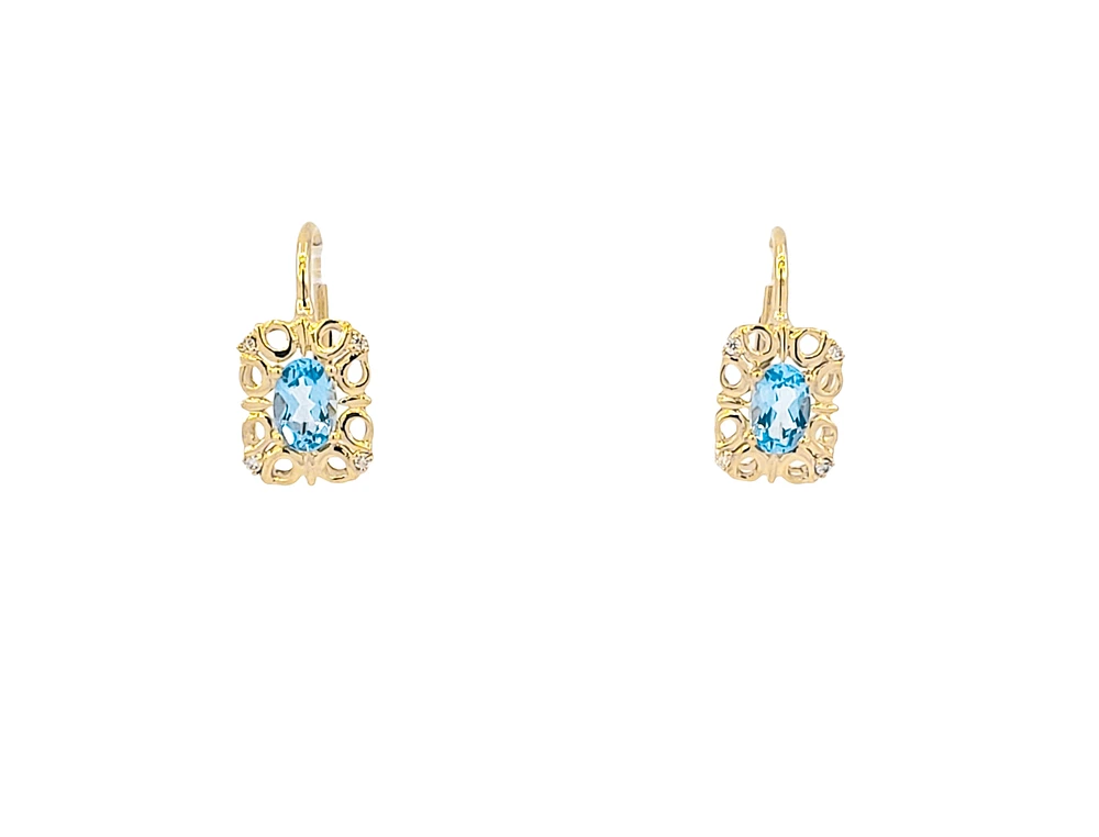 10K Yellow Gold 6x4mm Oval Cut Swiss Blue Topaz and 0.045cttw Diamond Dangle Earrings
