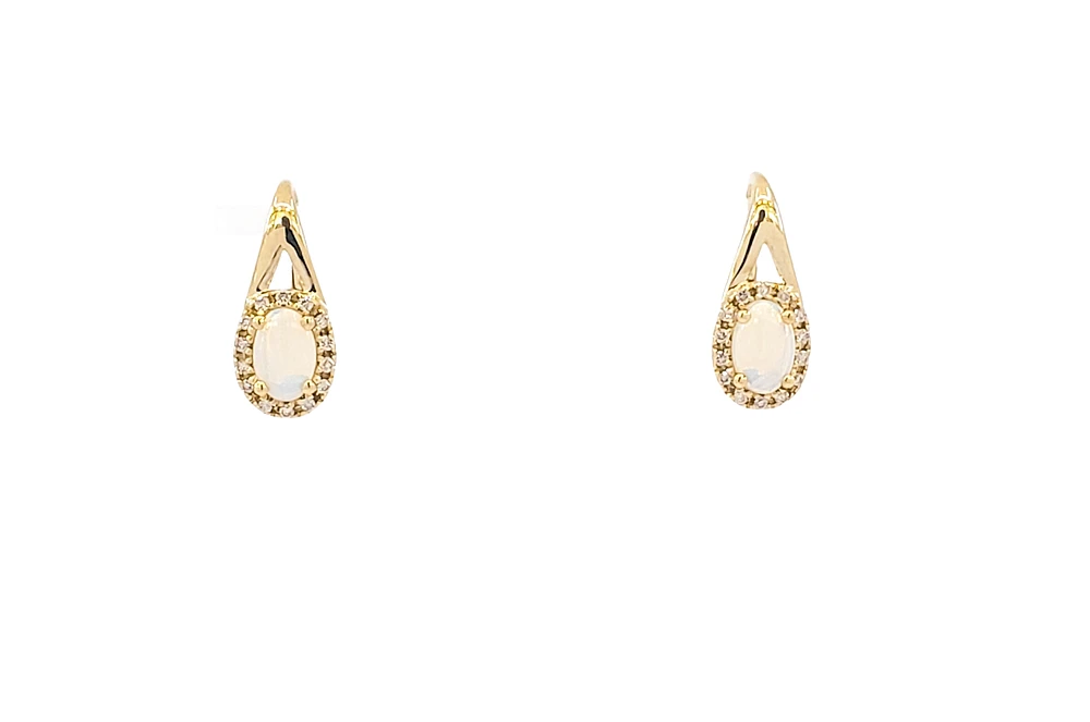 10K Yellow Gold 6x4mm Oval Cut White Opal and 0.11cttw Diamond Halo Earrings with Leverbacks