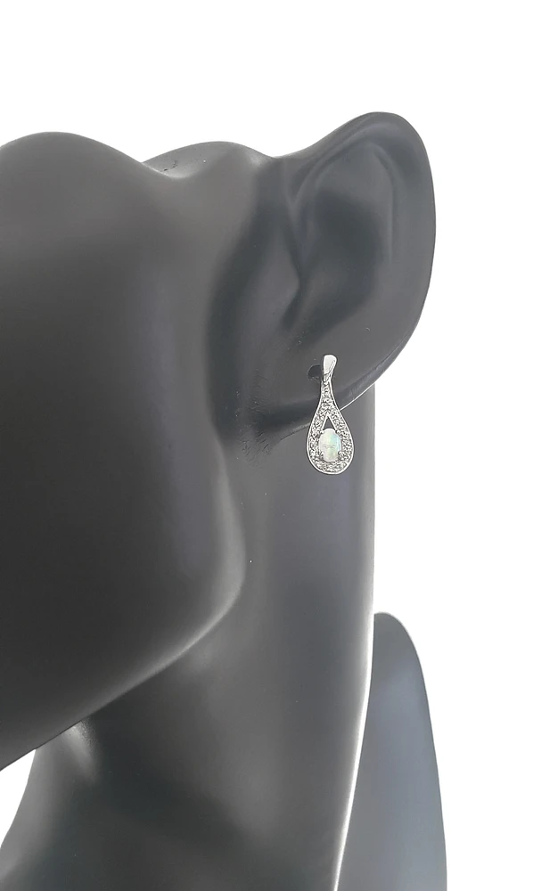 10K White Gold 5x3mm Oval Cut White Opal and 0.115cttw Diamond Dangle Earrings with Butterfly Backings