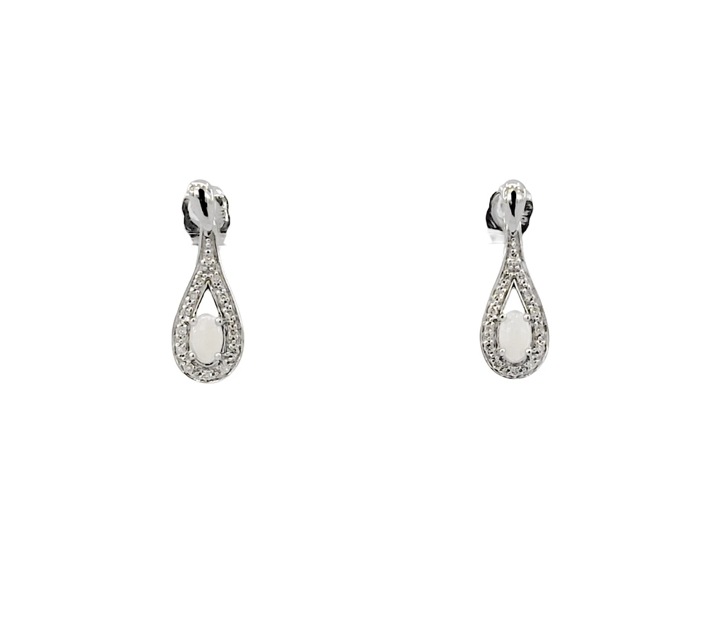 10K White Gold 5x3mm Oval Cut White Opal and 0.115cttw Diamond Dangle Earrings with Butterfly Backings