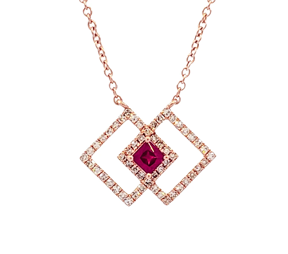 14K Rose Gold Ruby and Diamond Necklace, 18"