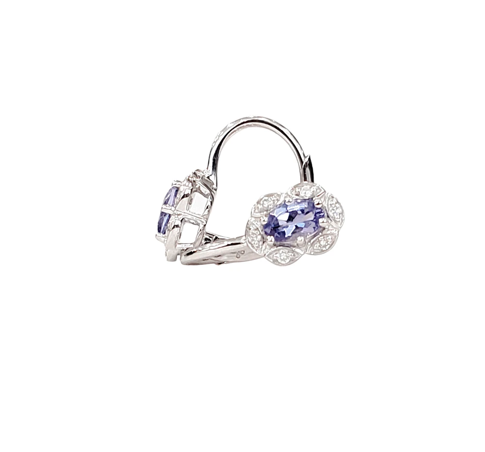 10K White Gold Tanzanite and Diamond Earrings with Lever Backs