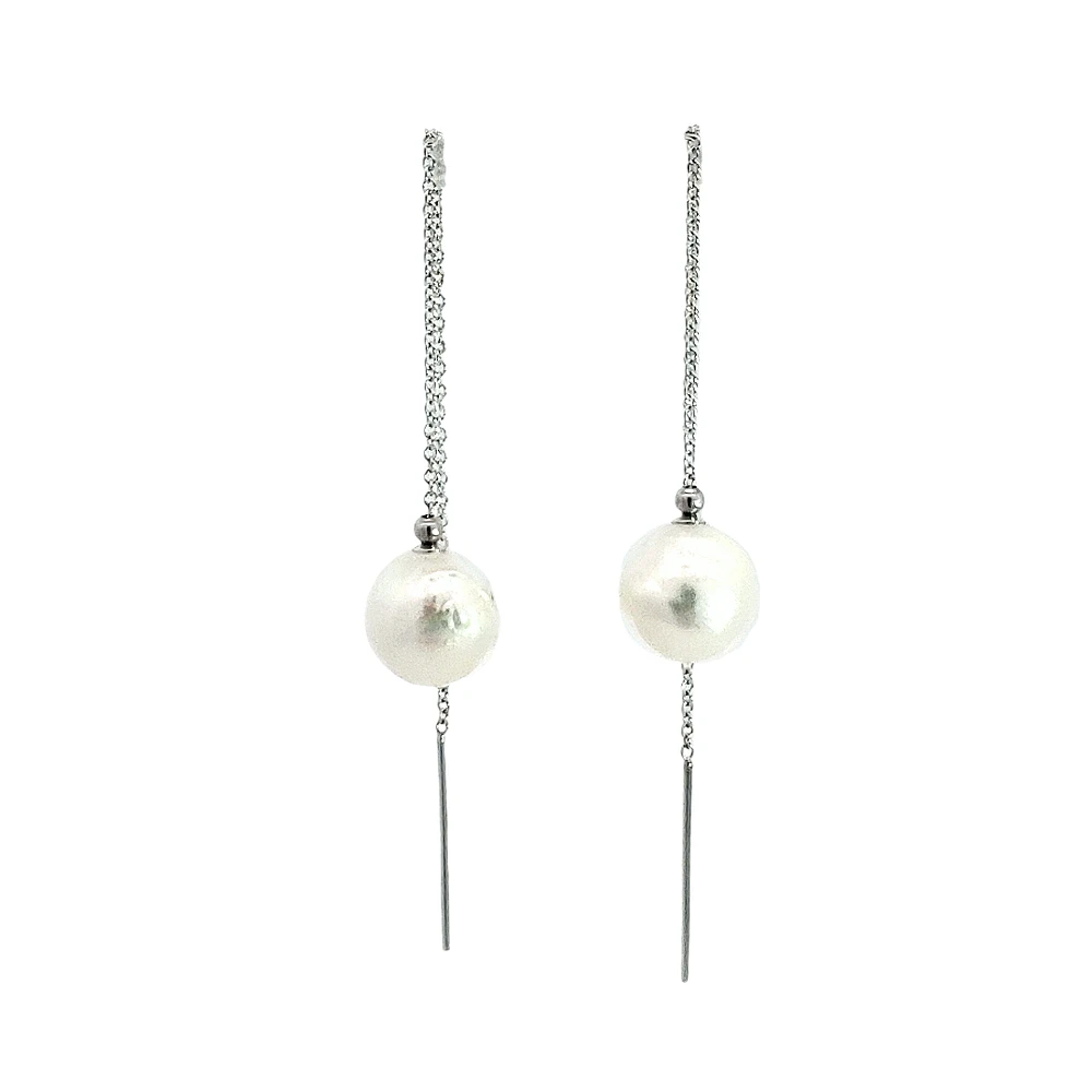 14K White Gold 9mm Cultured Pearl "Threader" Earring