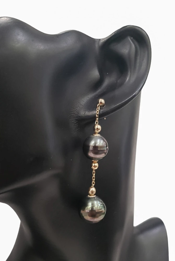 14K Yellow Gold 12.5-14mm Tahitian Pearl Dangle Earring