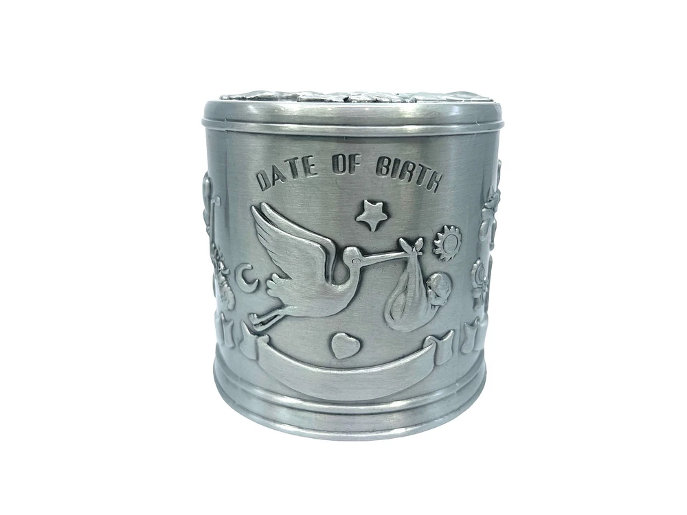 Pewter Engraveable Stork Baby’s First Money Bank