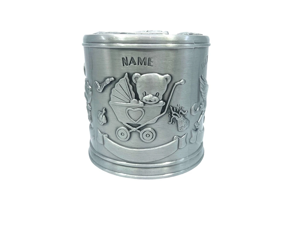 Pewter Engraveable Stork Baby’s First Money Bank