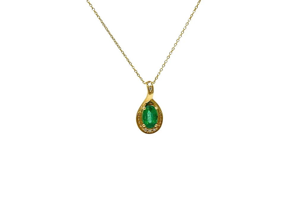 10K Yellow Gold 6x4mm Emerald and 0.03cttw Diamond Pendant, 18"
