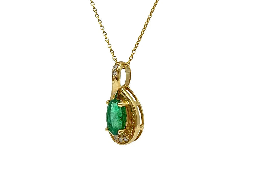 10K Yellow Gold 6x4mm Emerald and 0.03cttw Diamond Pendant, 18"