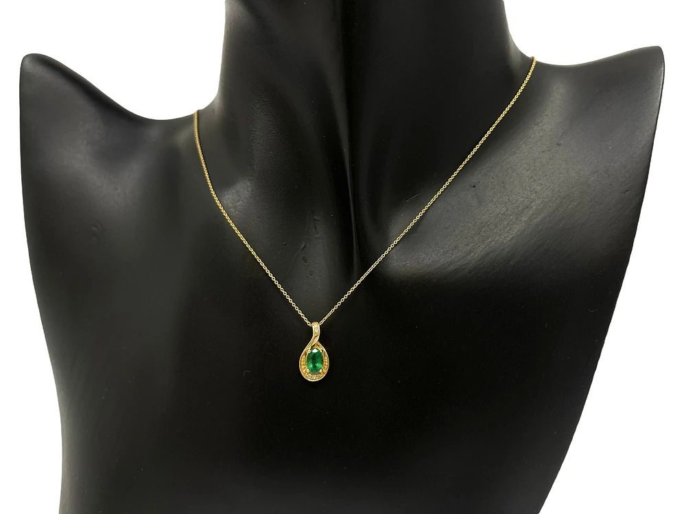 10K Yellow Gold 6x4mm Emerald and 0.03cttw Diamond Pendant, 18"